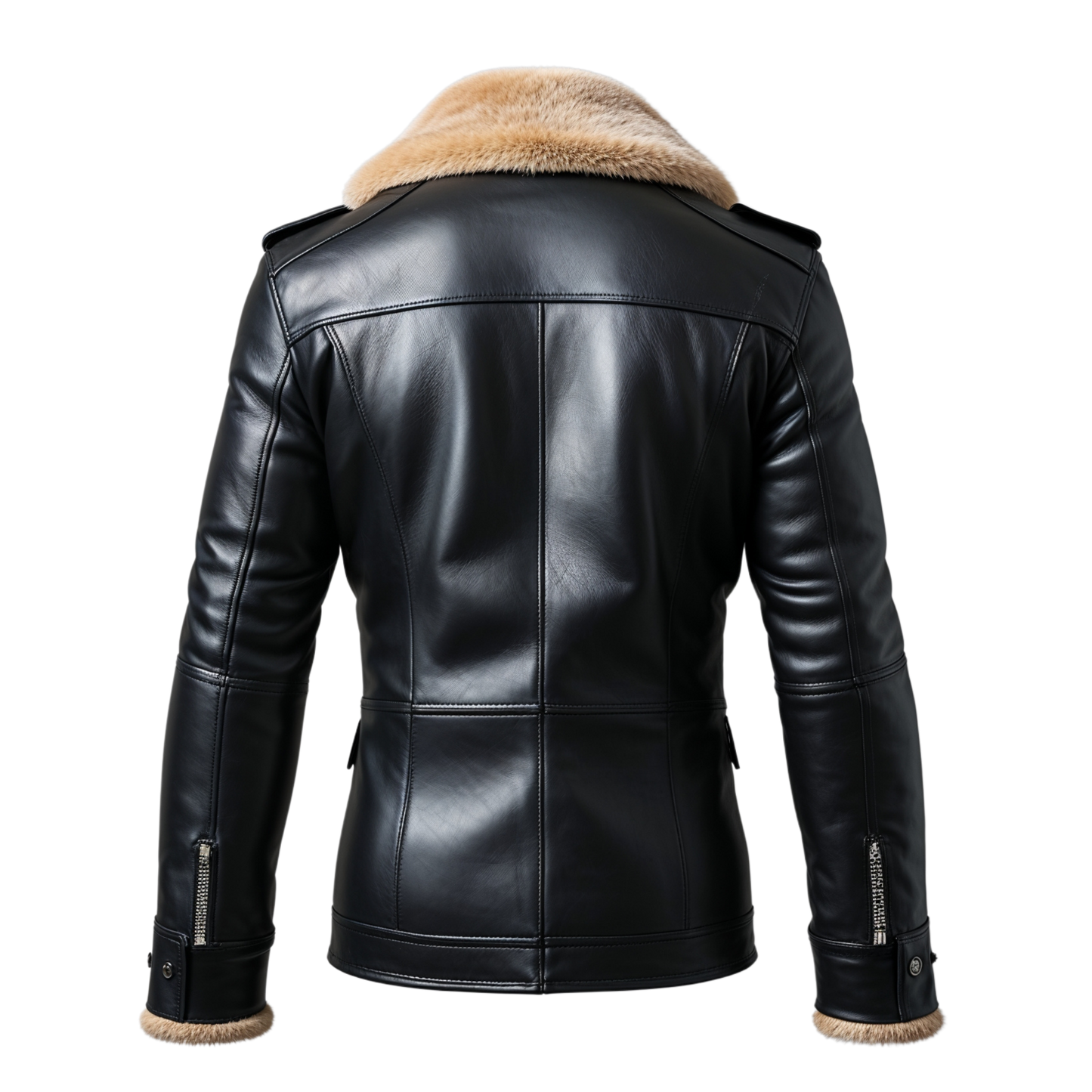Men Black Real Leather Double Breasted Jacket Fur Collar Cuffs Premium Warmth Sophisticated Winter Fashion