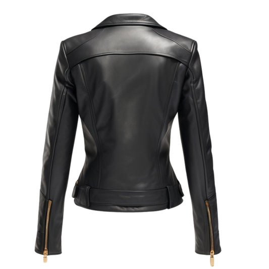 Black Leather Asymmetric Biker Jacket with Gold Hardware – Slim Fit Moto Coat