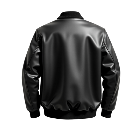 Classic Black Real Leather Bomber Jacket Wool Collar Three Zipper Pockets Ribbed Cuffs Hem All Season Wear