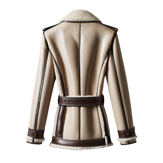 Luxury Beige Brown Real Leather Shearling Jacket Men Wide Lapel Belted Waist Soft Lining Winter Fashion
