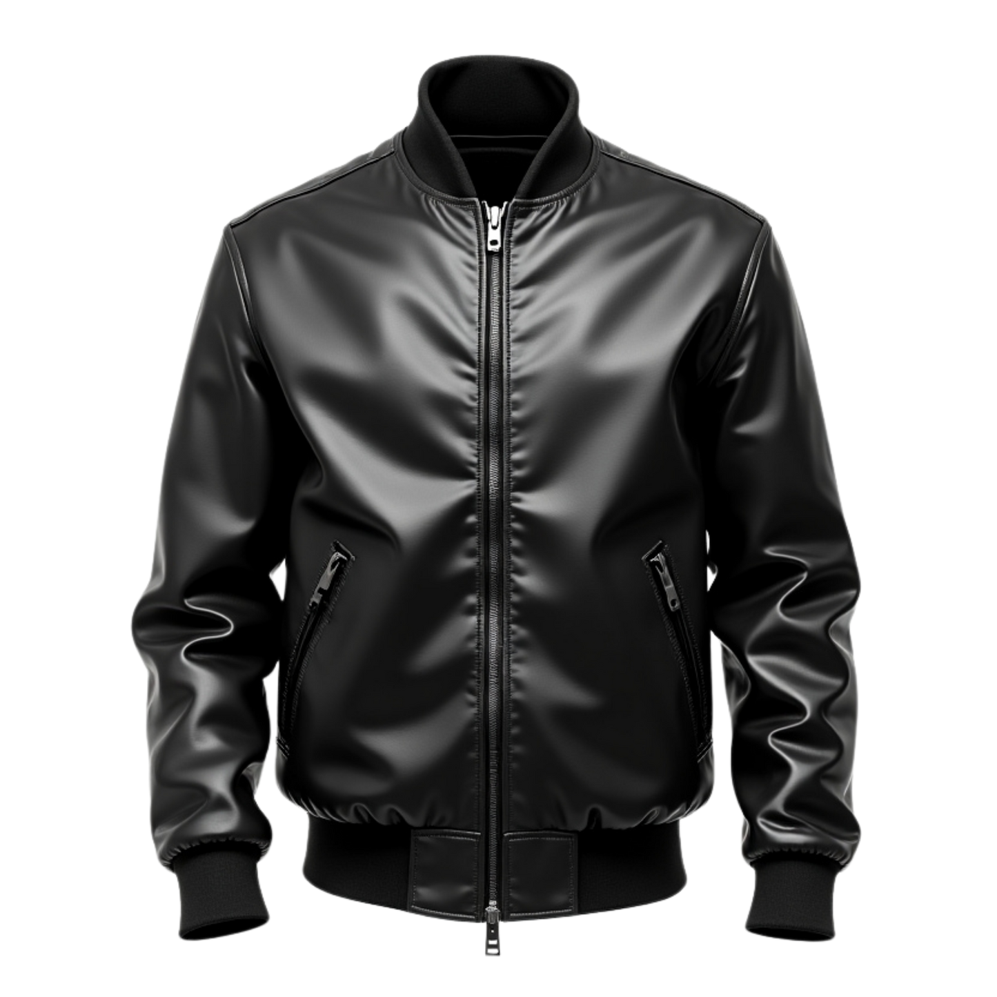 Black Real Leather Bomber Jacket Clean Front Minimalist Design Slim Fit Zipper Pockets Modern Casual Style