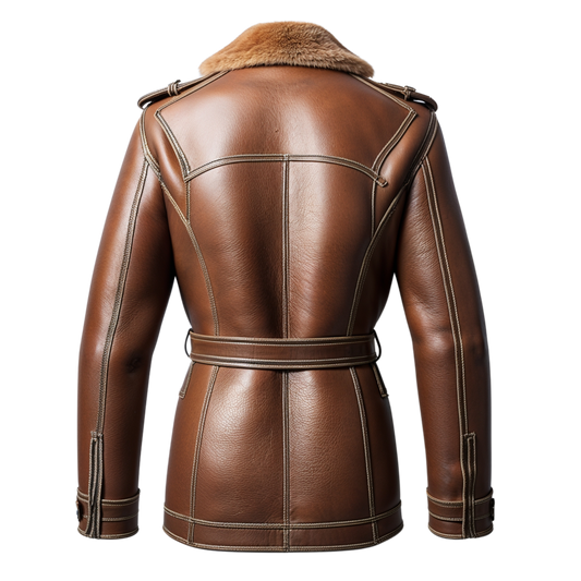 Men Belted Brown Leather Shearling Coat Wide Collar Vintage Inspired Stitching Classic Winter Style Warmth