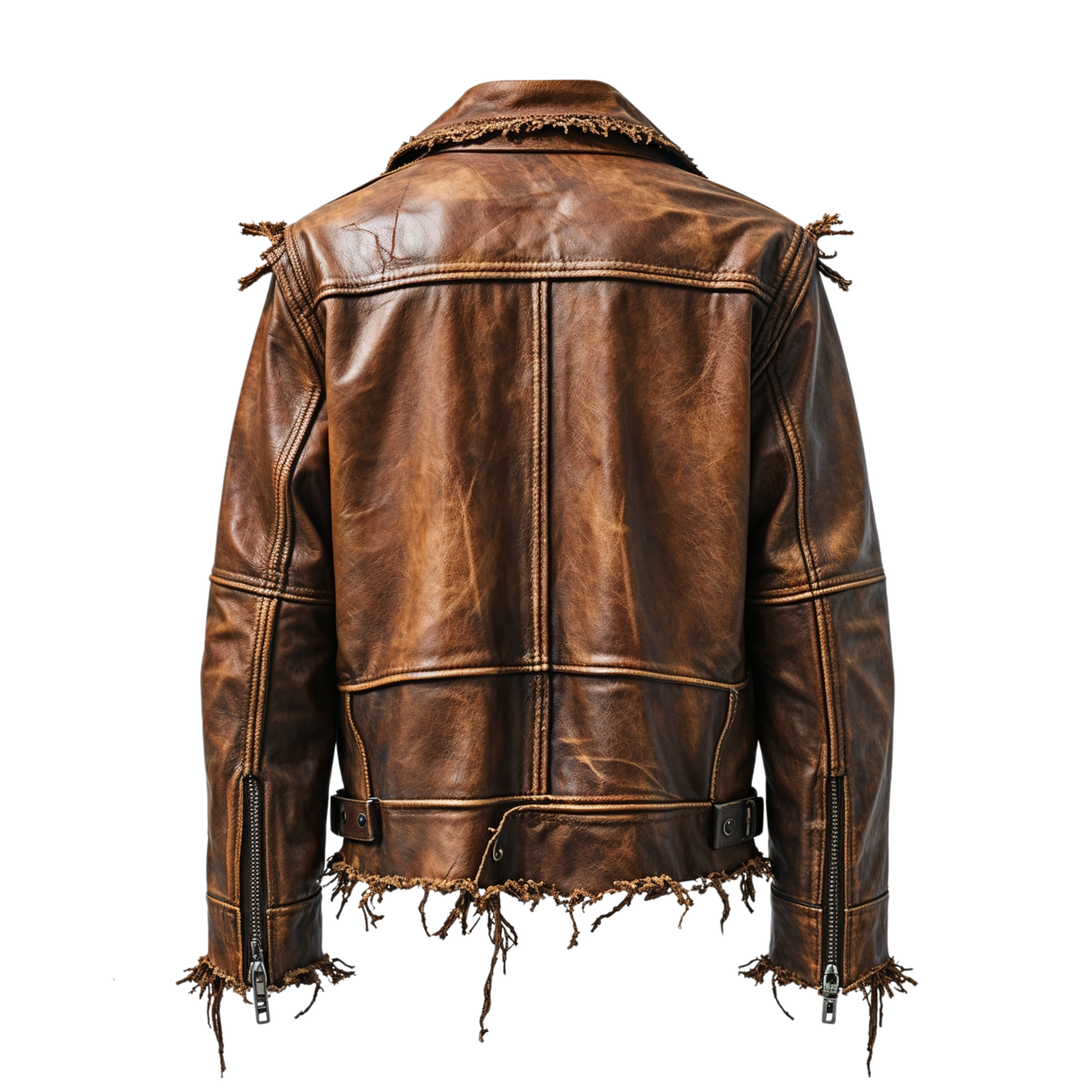 Men Distressed Brown Leather Biker Jacket Frayed Edges Belted Waist Edgy Modern Premium Elegant Stylish