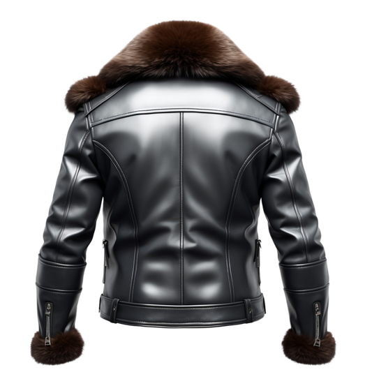 Black Quilted Real Leather Jacket Plush Brown Fur Collar Cuffs Heavy Duty Bomber Aviator Winter Outerwear