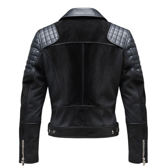 Black Real Leather Biker Jacket with Quilted Shoulders – Casual Wear