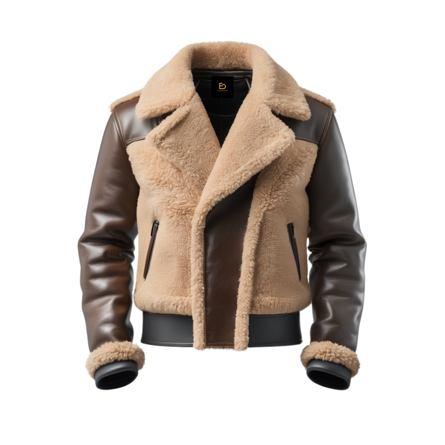 Brown Beige Real Leather Aviator Jacket Shearling Lining Wide Collar Zipper Front Classic Flight Style