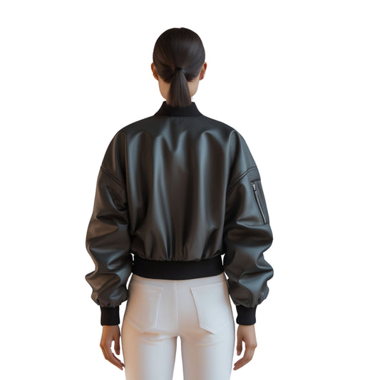 Black Genuine Leather Cropped Bomber Jacket: Oversized Puff Sleeve, Biker Style Coat
