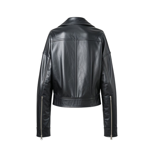 Black Leather Cropped Jacket: Relaxed Fit, Shirt Collar Streetwear Style