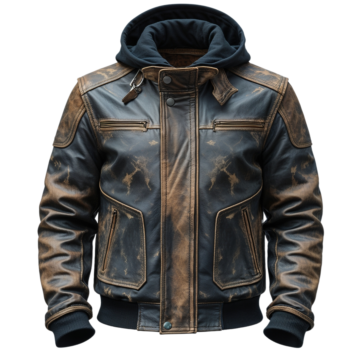 Vintage Distressed Brown Blue Leather Bomber Jacket Hood Rib Knit Cuffs Classic Biker Style Outerwear