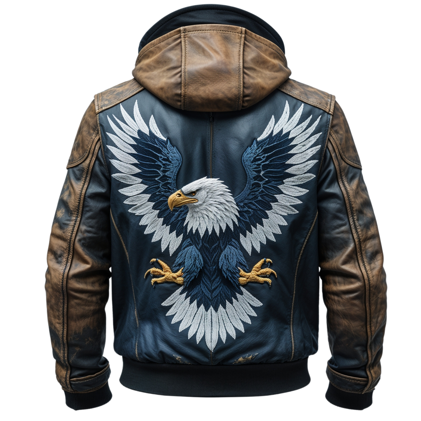 Vintage Distressed Brown Blue Leather Bomber Jacket Hood Rib Knit Cuffs Classic Biker Style Outerwear