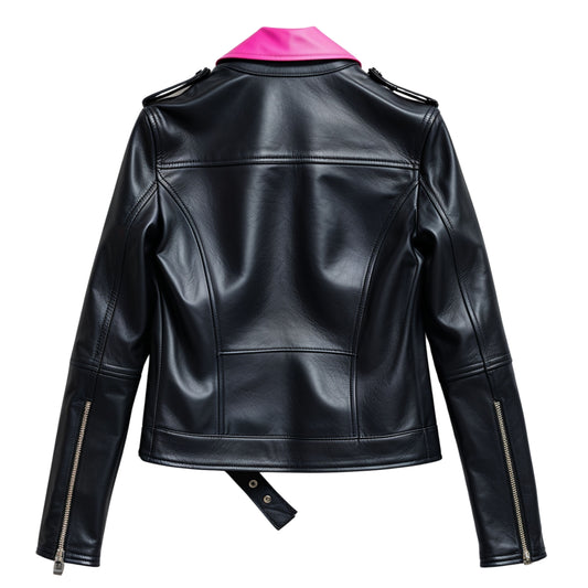 Black Leather Biker Jacket with Hot Pink Accents – Cropped Moto Style