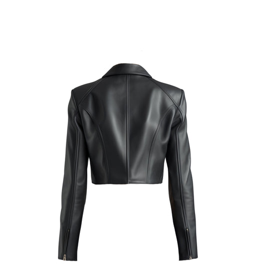 Black Genuine Leather Cropped Blazer Jacket: Tailored Fitted Luxury Coat