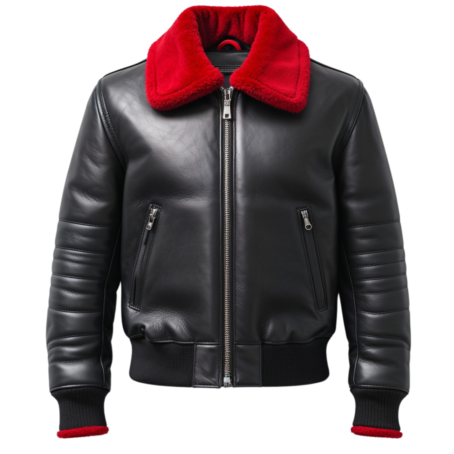 Men Real Leather Bomber Jacket Red Faux Shearling Collar Ribbed Cuffs Winter Warmth Urban Fashion Appeal