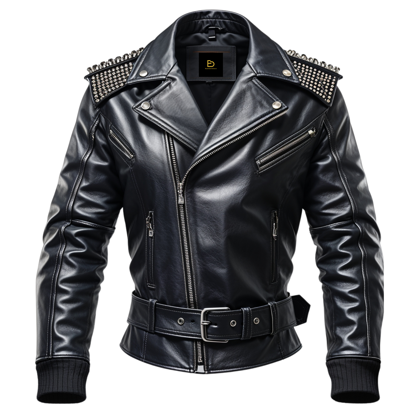 Men Real Leather Biker Jacket Black Studded Shoulder Zip Closure Belted Waist Classic Punk Moto Style