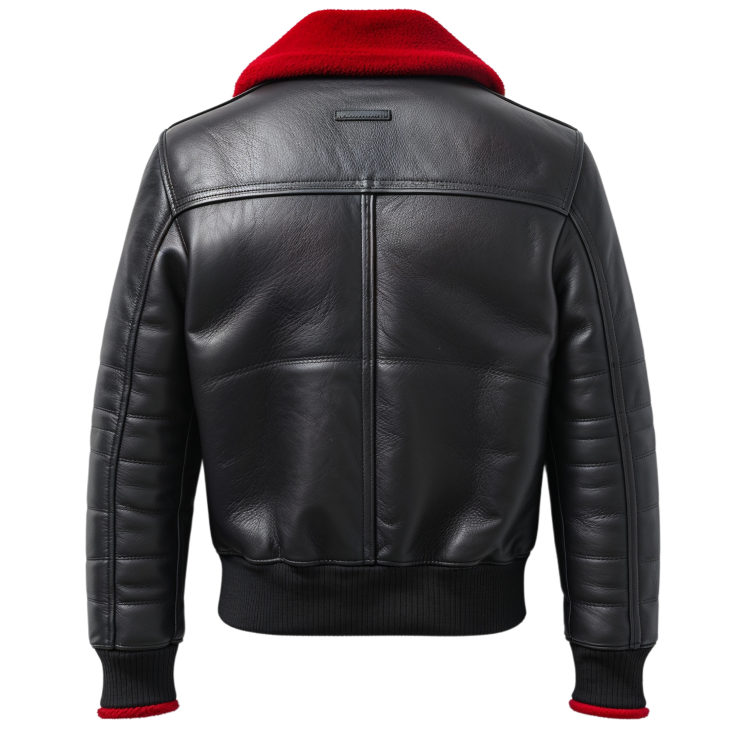 Men Real Leather Bomber Jacket Red Faux Shearling Collar Ribbed Cuffs Winter Warmth Urban Fashion Appeal