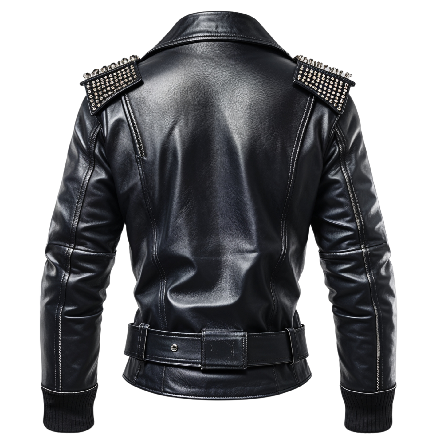 Men Real Leather Biker Jacket Black Studded Shoulder Zip Closure Belted Waist Classic Punk Moto Style