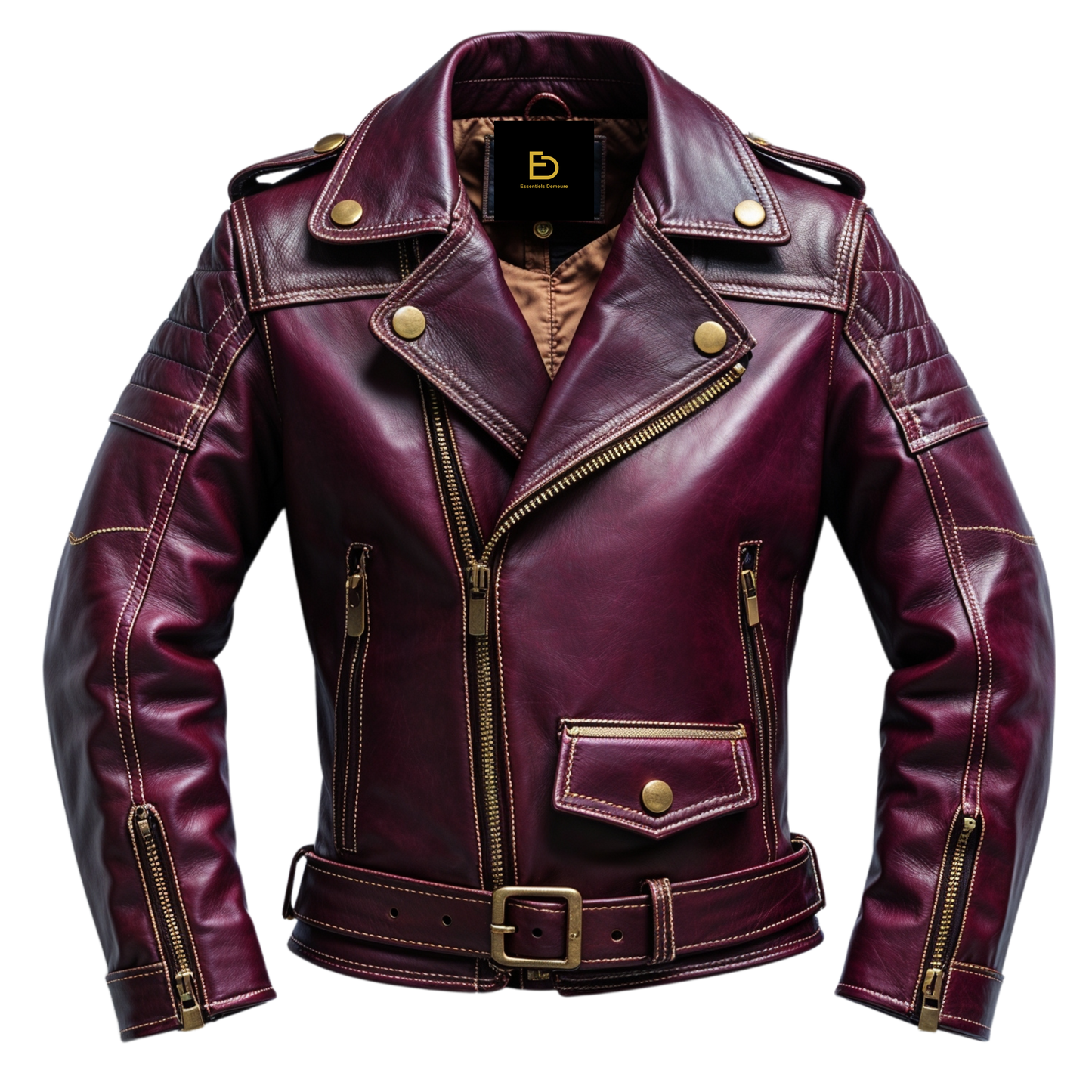 Men Real Leather Maroon Biker Jacket Belted Waist Asymmetrical Zip Classic Moto Style Urban Casual Outfit