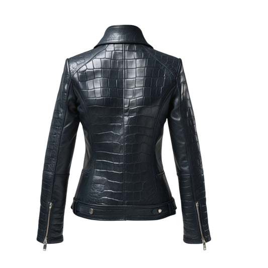 Black Crocodile Embossed Leather Biker Jacket – Silver Zip Funnel Neck