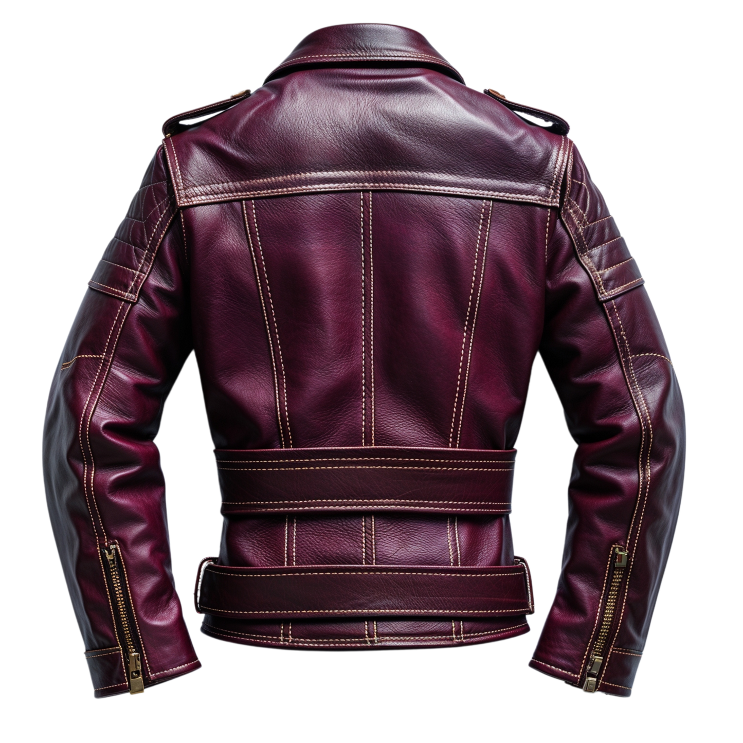 Men Real Leather Maroon Biker Jacket Belted Waist Asymmetrical Zip Classic Moto Style Urban Casual Outfit
