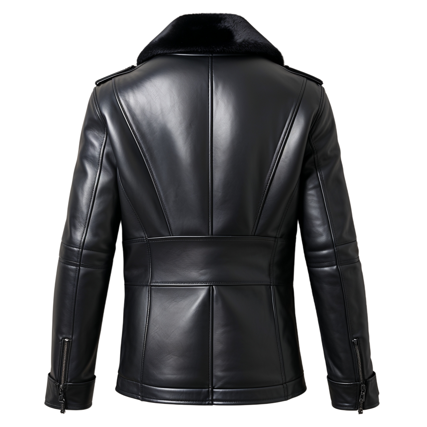 Men Real Leather Black Double Breasted Jacket Fur Wide Collar Button Front Winter Warmth Timeless Elegance