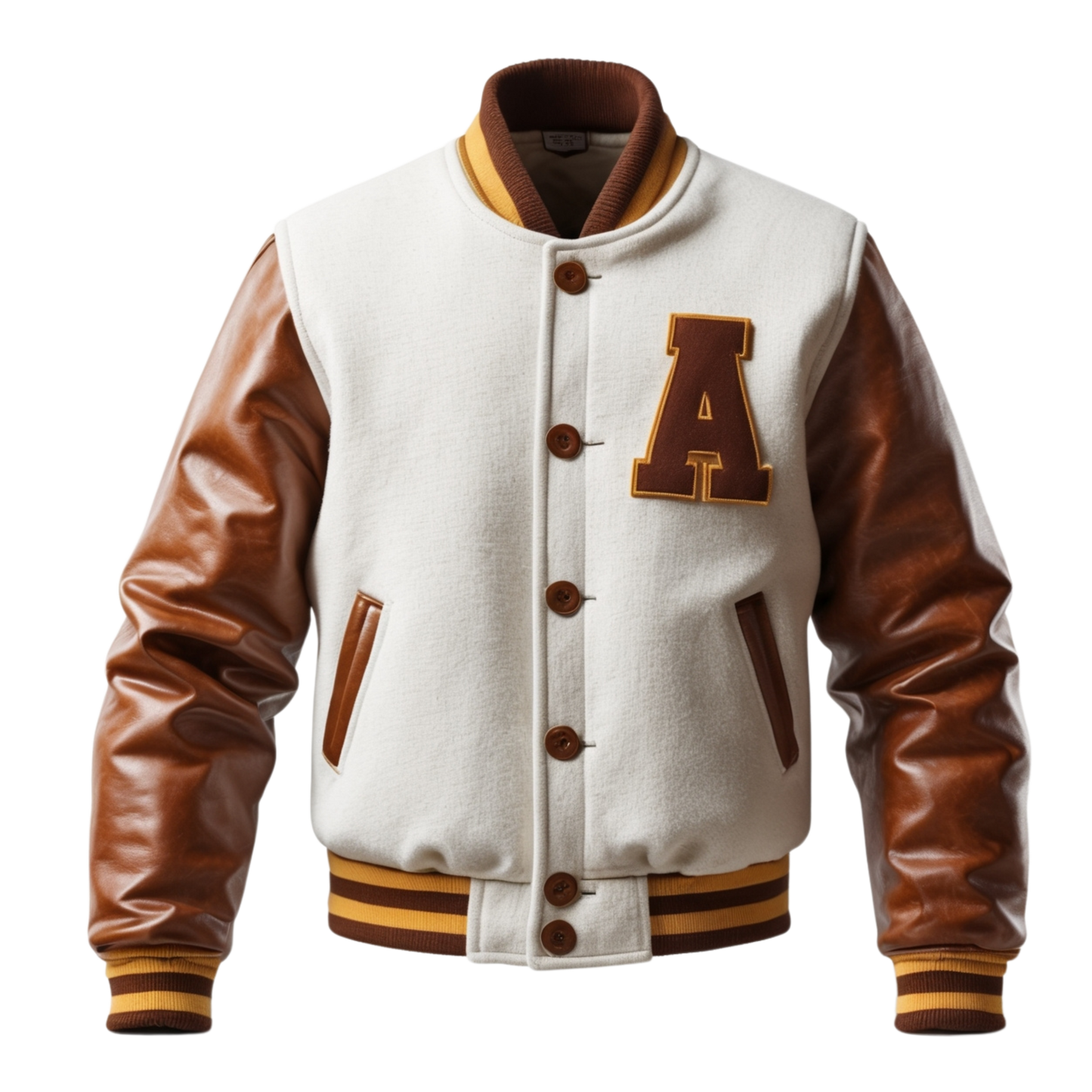 Mens Varsity Jacket White Wool Body Brown Real Leather Sleeves Retro Style Button Closure Rib Knit Cuffs