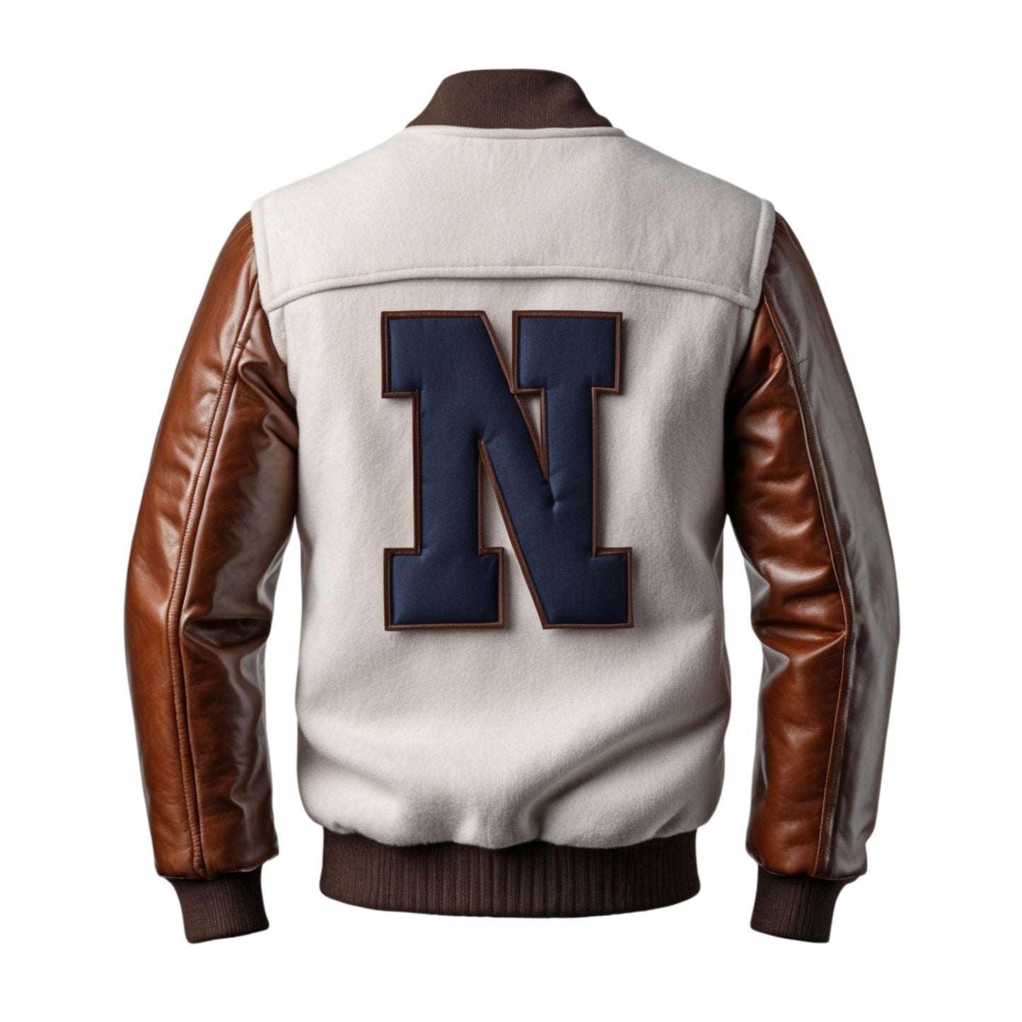 Men's Varsity Jacket: White Wool Body, Brown Leather Sleeves, Letter C Patch