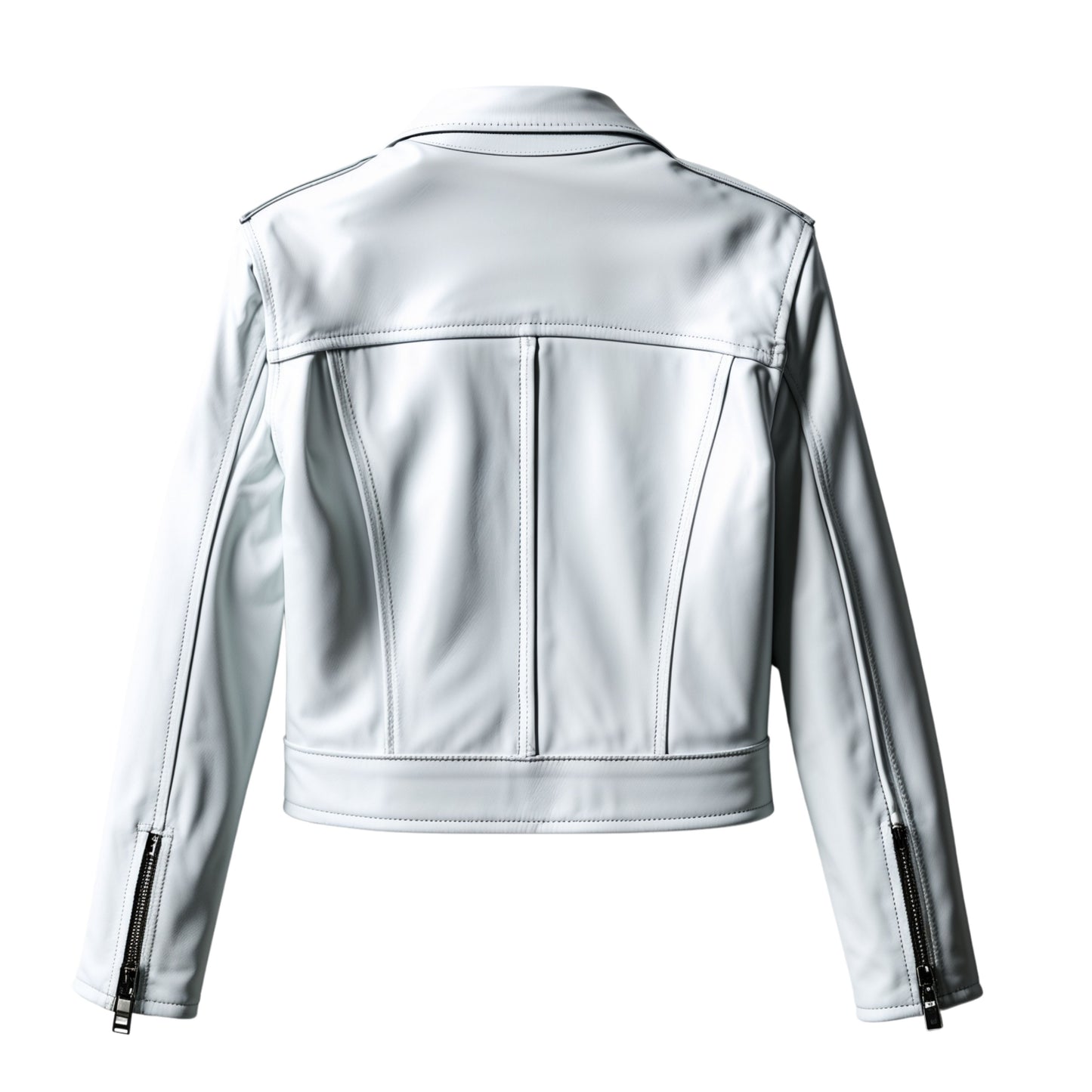 White Leather Cropped Moto Jacket with Black Zippers – Slim Tailored Fashion Wear