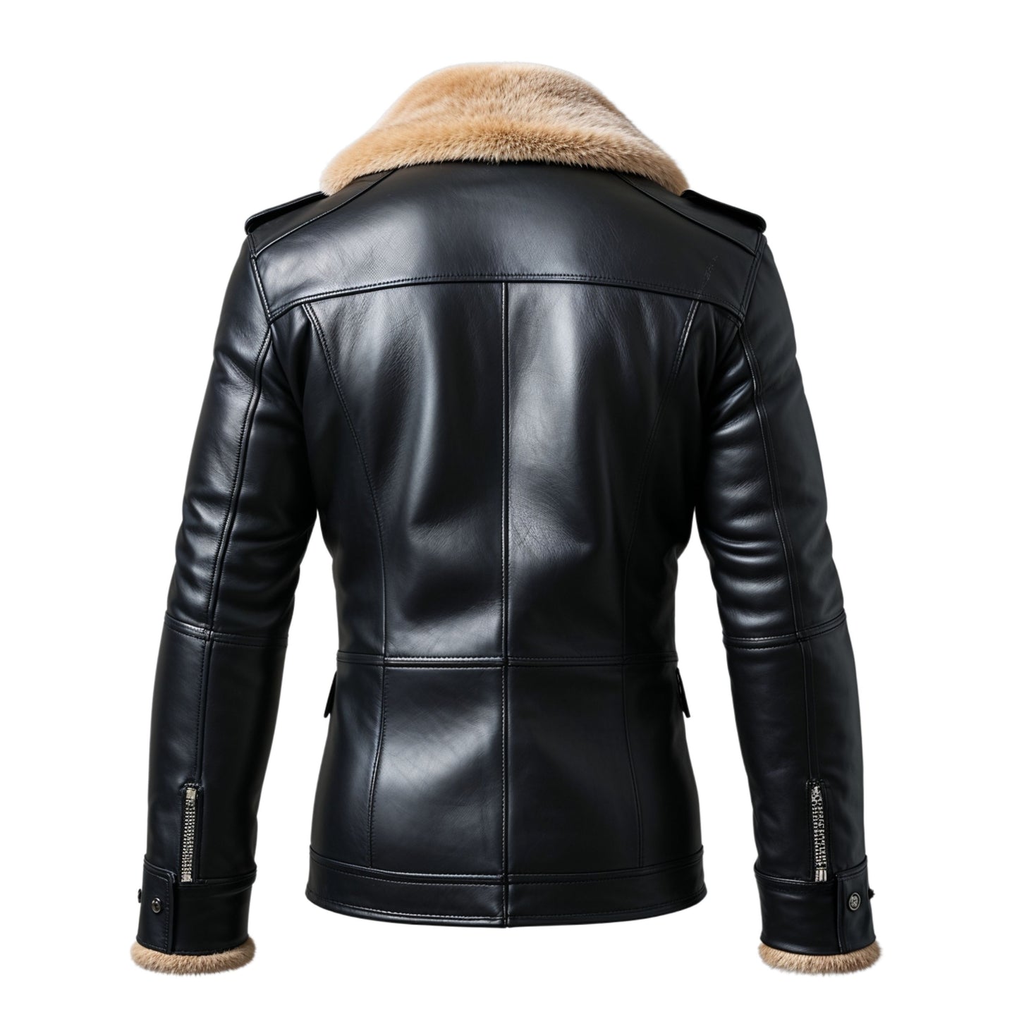 Men's Black Leather Double Breasted Jacket with Faux Fur Collar Cuffs
