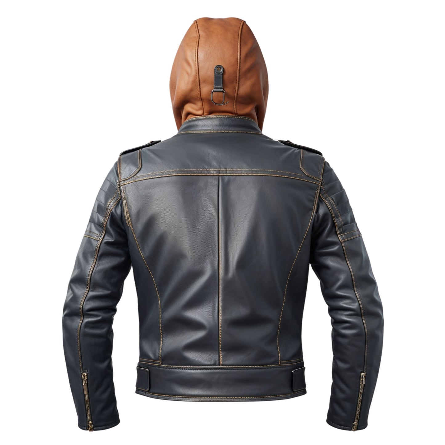 Men's Navy Blue Leather Biker Jacket with Brown Hood, Silver Hardware Zipper Pockets