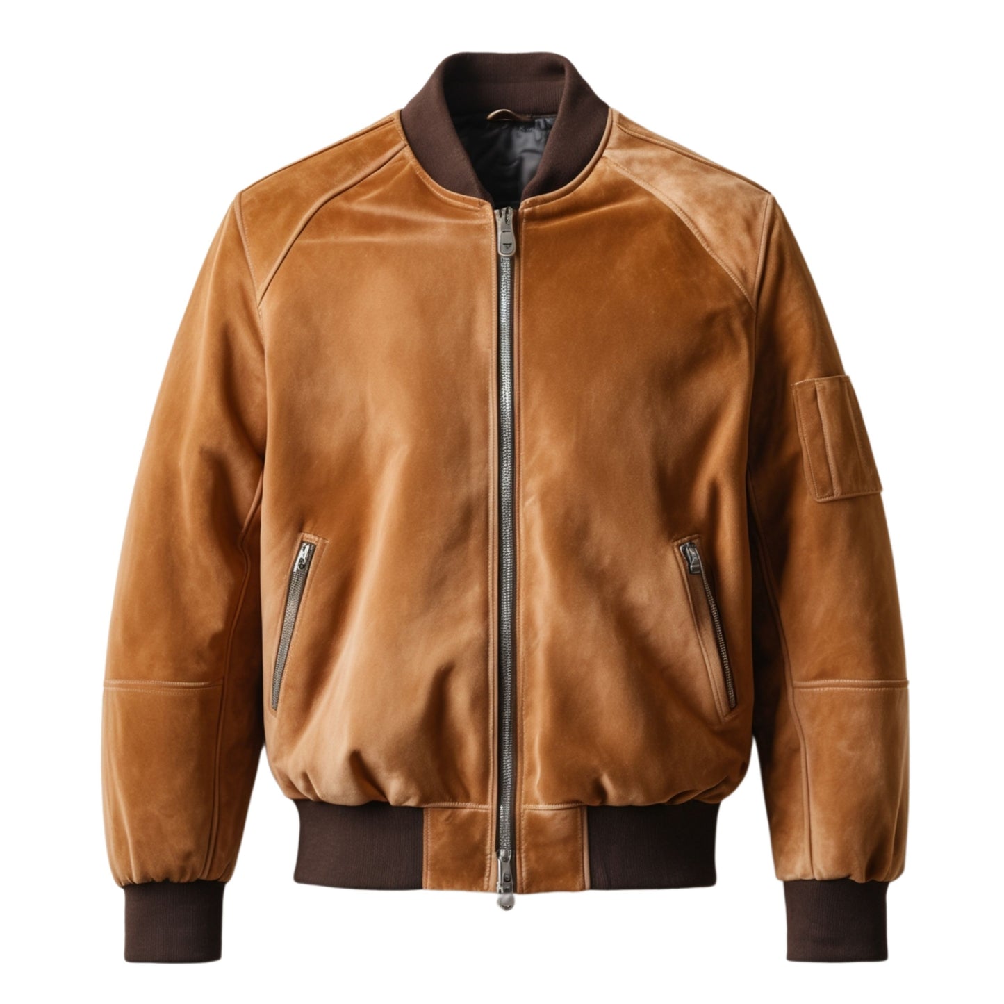 Men's Tan Suede Leather Bomber Jacket with Ribbed Cuffs and Zipper Closure