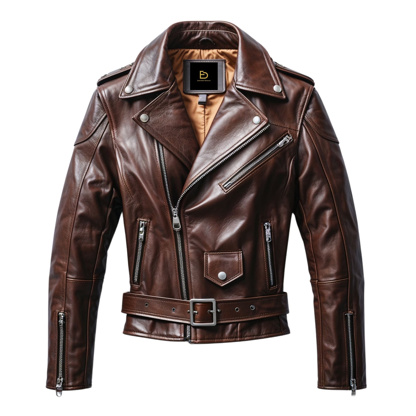 Men's Brown Real Leather Biker Jacket: Asymmetrical Zipper, Belted Waist, Classic Style