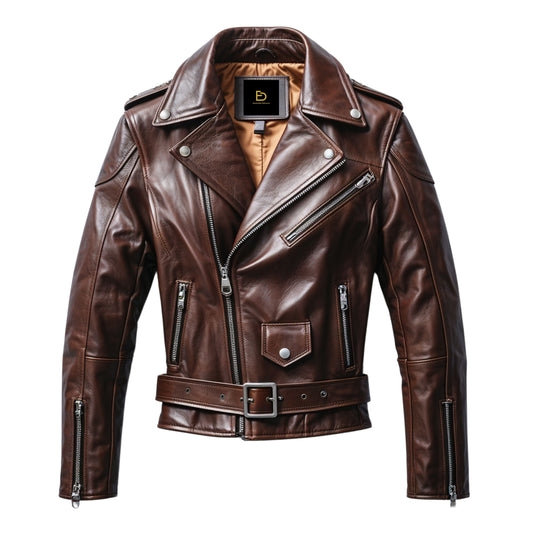 Men's Brown Real Leather Biker Jacket: Asymmetrical Zipper, Belted Waist, Classic Style