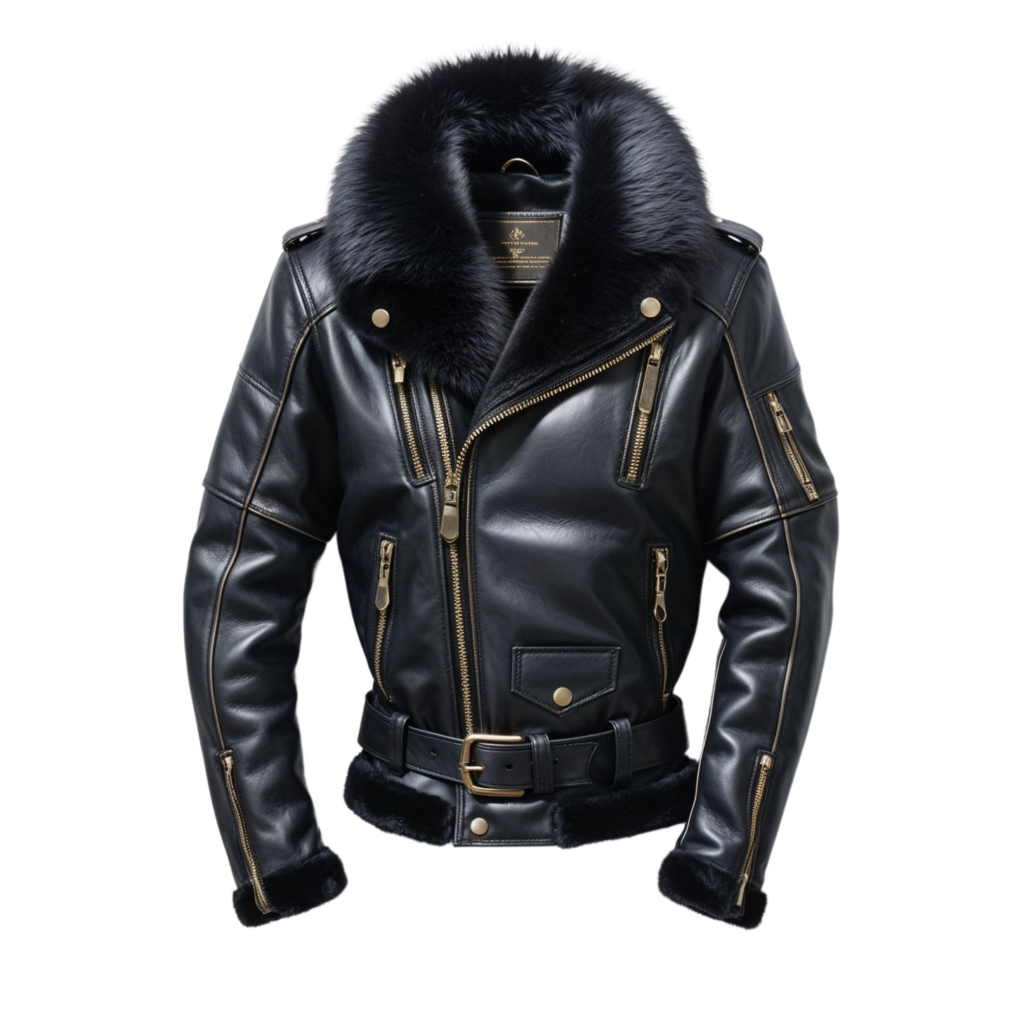 Men's Black Real Leather Biker Jacket with Faux Fur Collar, Zip Pockets, Adjustable Waist