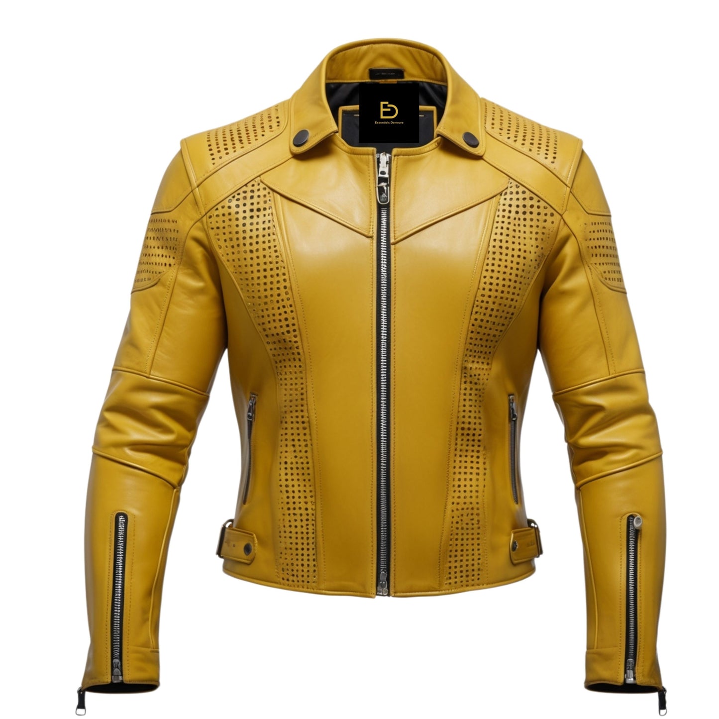 Men's Yellow Leather Biker Jacket with Perforated Panels – Modern Moto Style