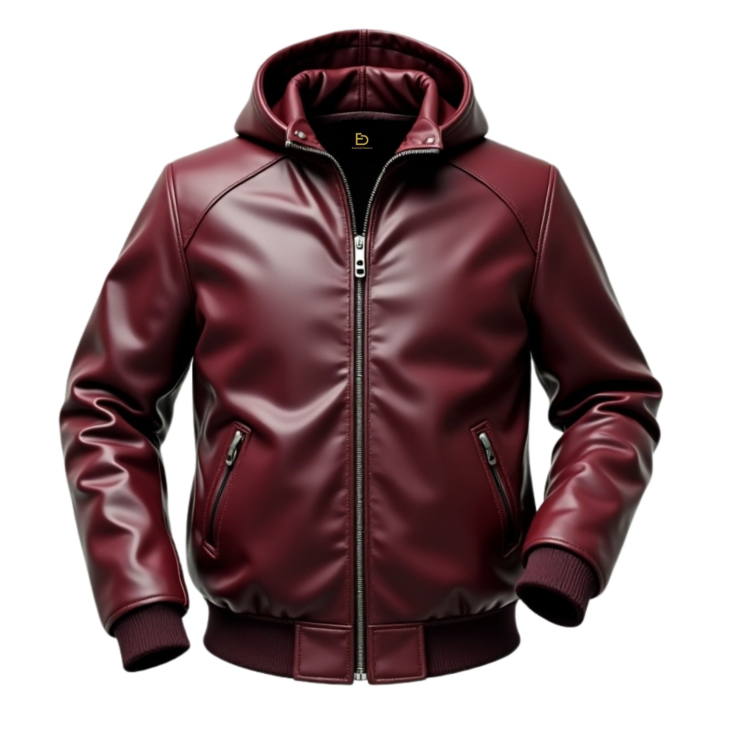 Men's Maroon Leather Hooded Bomber Jacket – Ribbed Cuffs Hem Outerwear