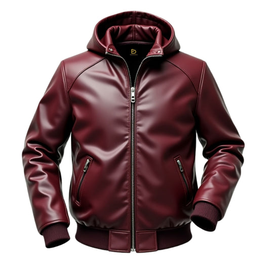 Men's Maroon Leather Hooded Bomber Jacket – Ribbed Cuffs Hem Outerwear