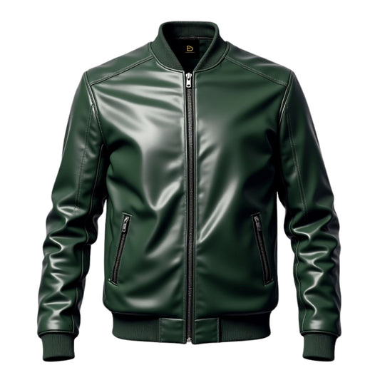 Men's Green Real Leather Bomber Jacket – Ribbed Cuffs, Modern Streetwear