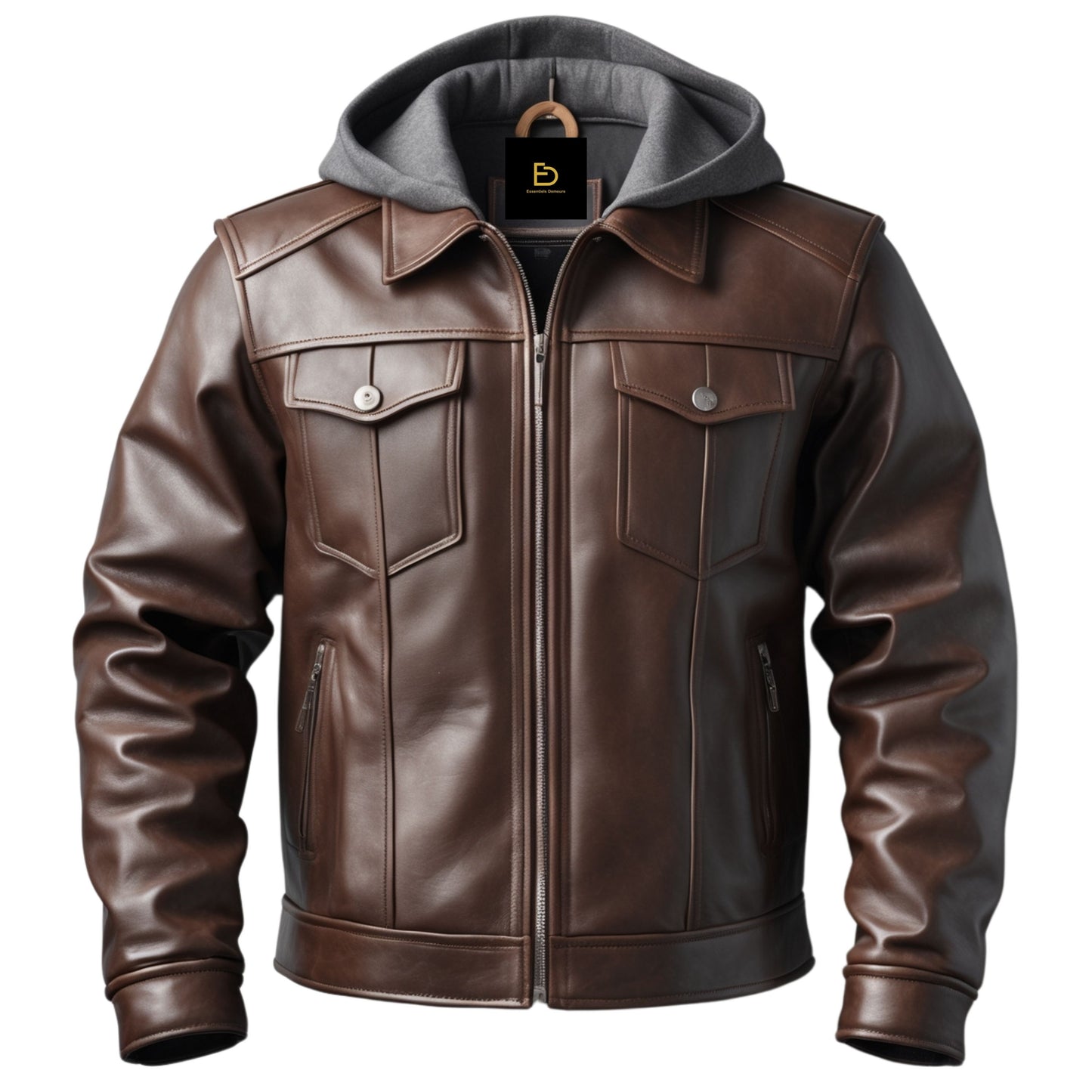 Hooded Leather Jacket Front Zip Closure Multiple Pockets Stylish Everyday Wear Comfortable Urban Layering