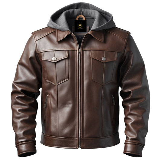 Hooded Leather Jacket Front Zip Closure Multiple Pockets Stylish Everyday Wear Comfortable Urban Layering