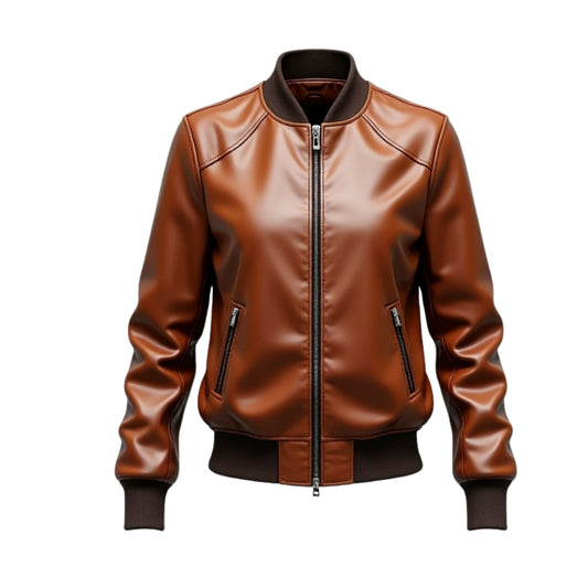 Brown Lambskin Leather Bomber Jacket with Rib Knit Collar and Cuffs