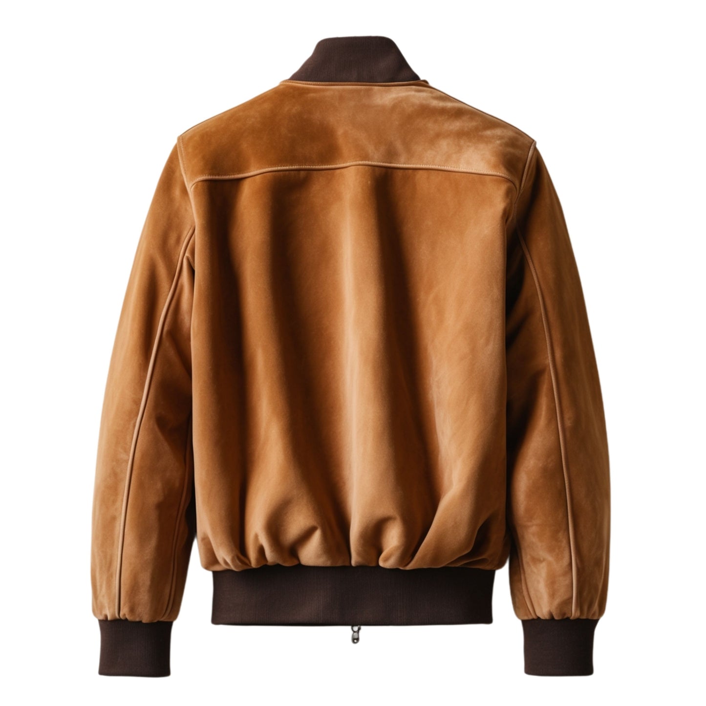 Men's Tan Suede Leather Bomber Jacket with Ribbed Cuffs and Zipper Closure