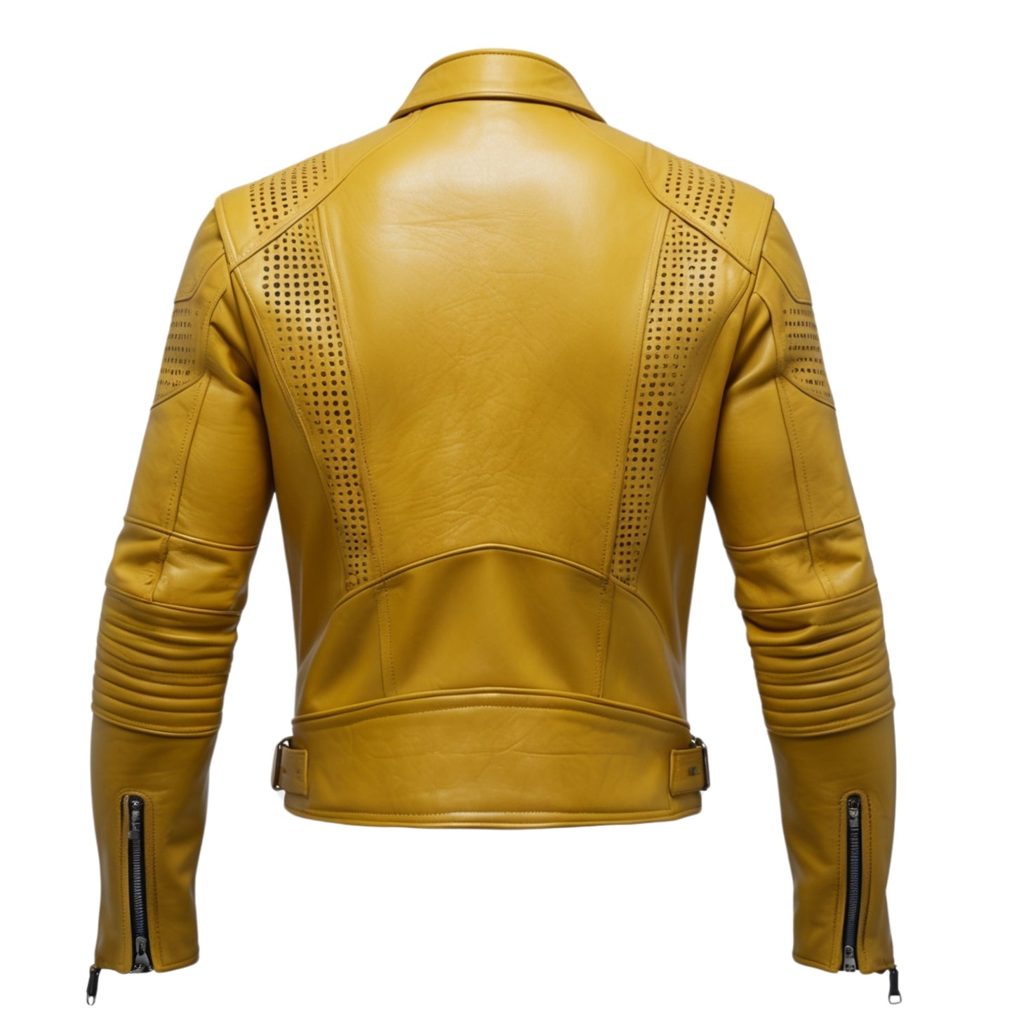 Men's Yellow Leather Biker Jacket with Perforated Panels – Modern Moto Style