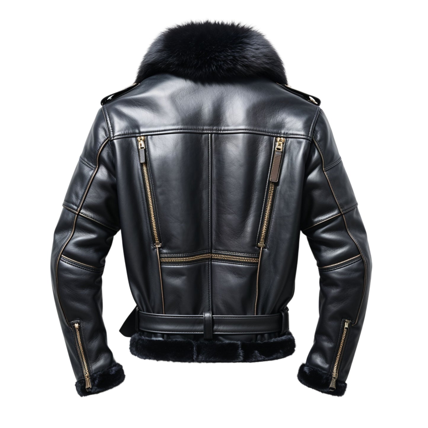 Men's Black Real Leather Biker Jacket with Faux Fur Collar, Zip Pockets, Adjustable Waist