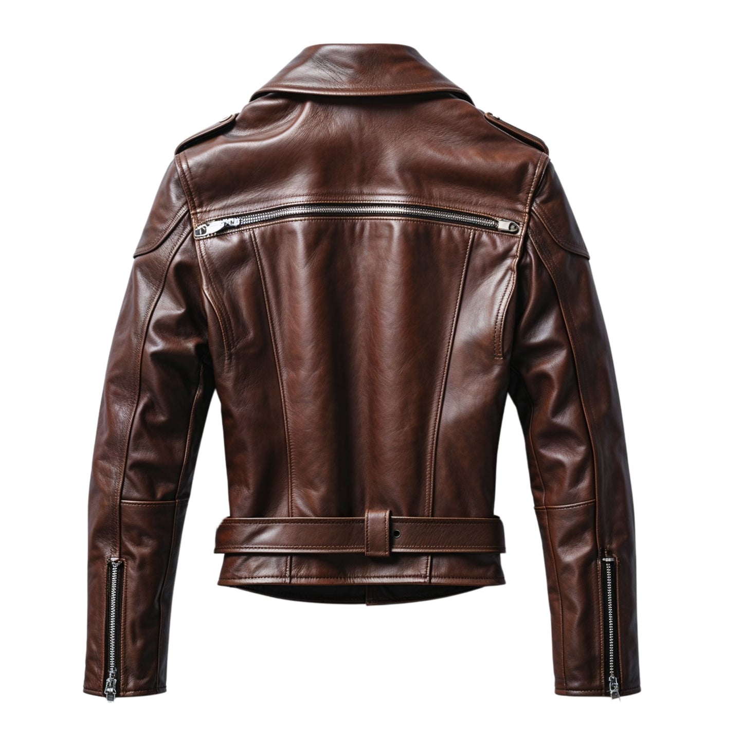 Men's Brown Real Leather Biker Jacket: Asymmetrical Zipper, Belted Waist, Classic Style