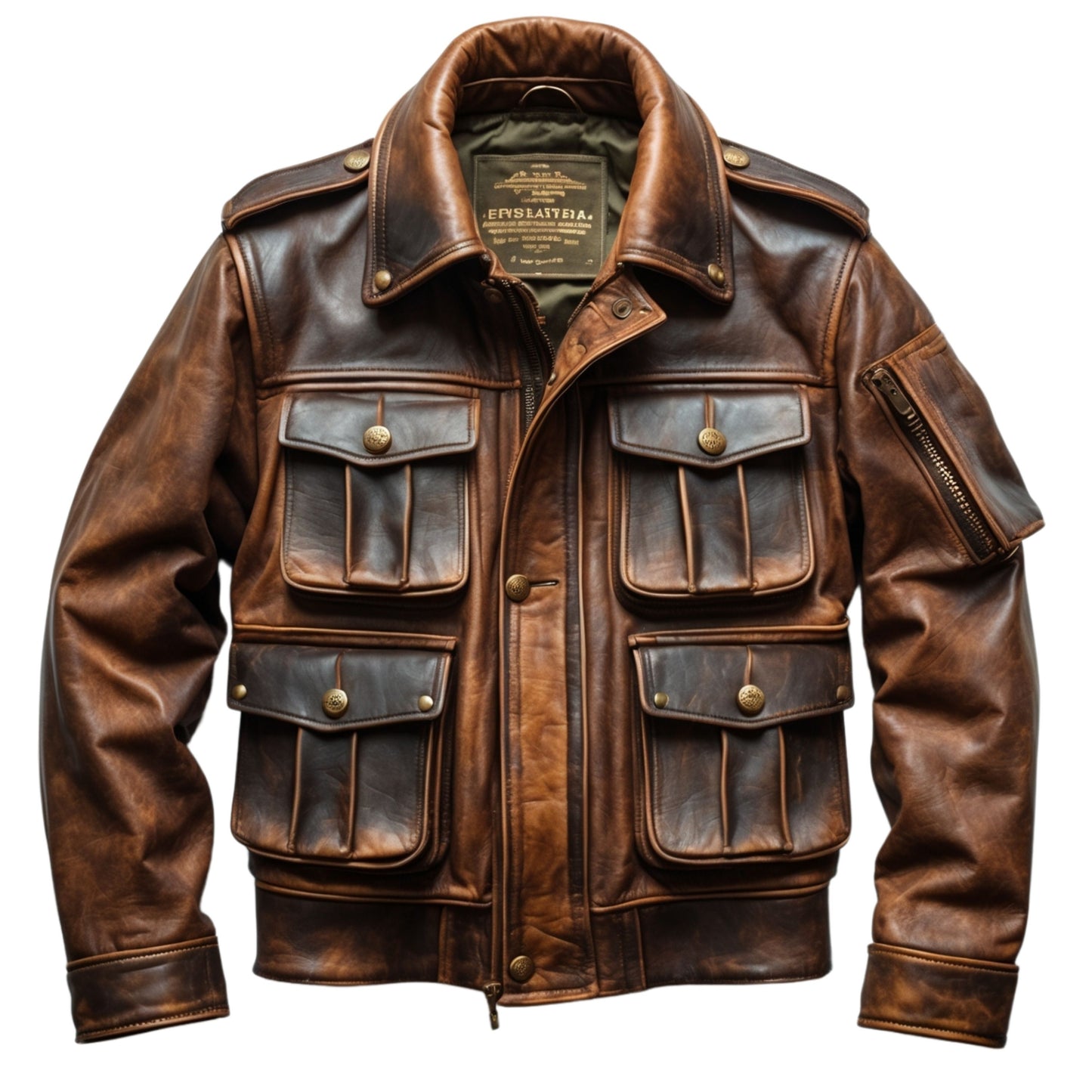 Men's Distressed Genuine Leather Field Jacket: Military Style, Four Flap Pockets