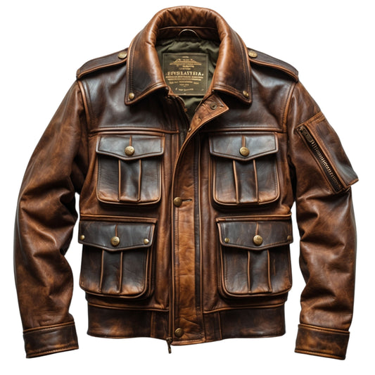 Men's Distressed Genuine Leather Field Jacket: Military Style, Four Flap Pockets
