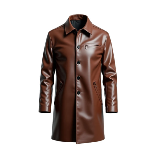 Men's Brown Leather Long Coat: Tailored Overcoat with Zip Pockets