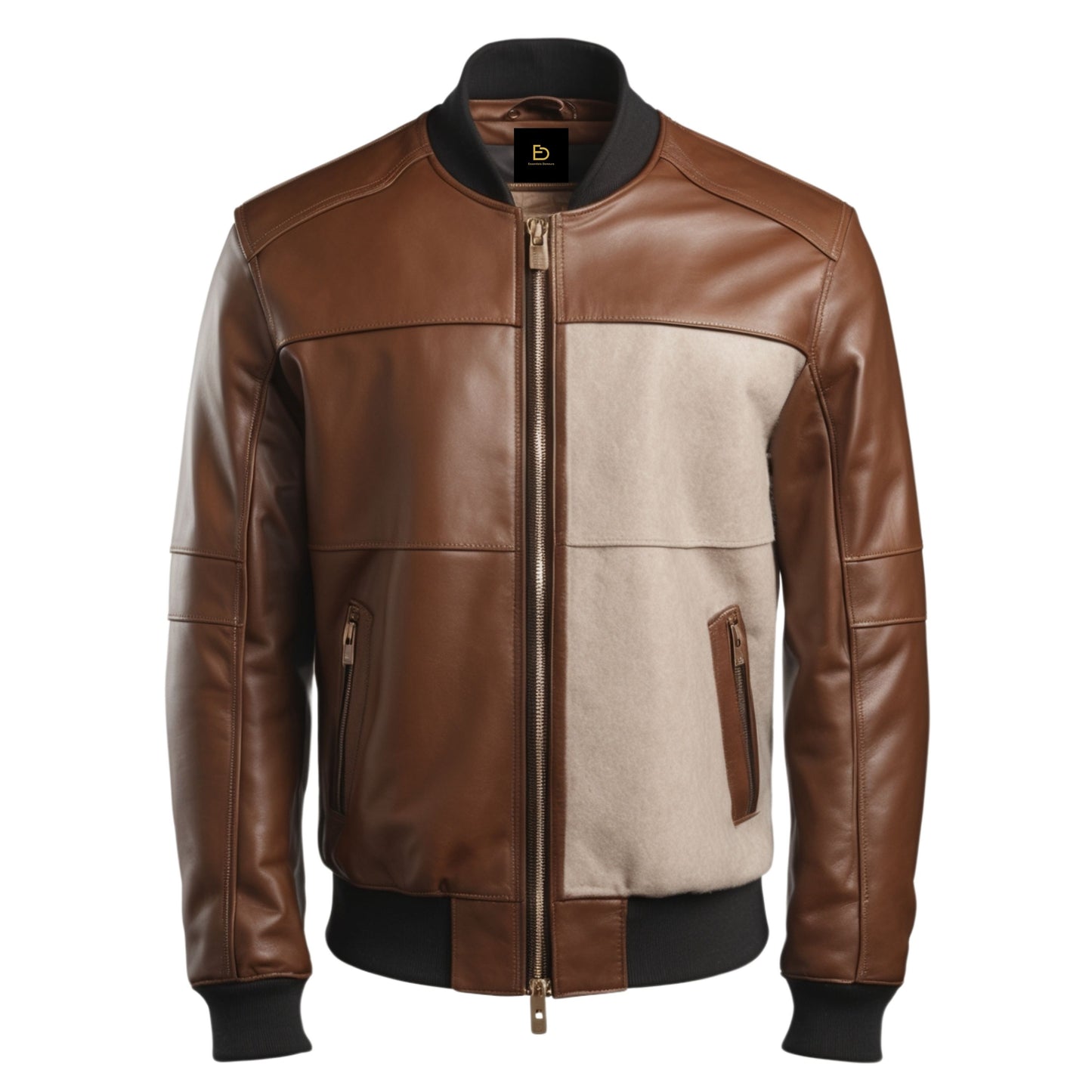 Men's Brown Leather Bomber Jacket Beige Wool Blend Panel – Modern Fit Ribbed Cuffs Waist