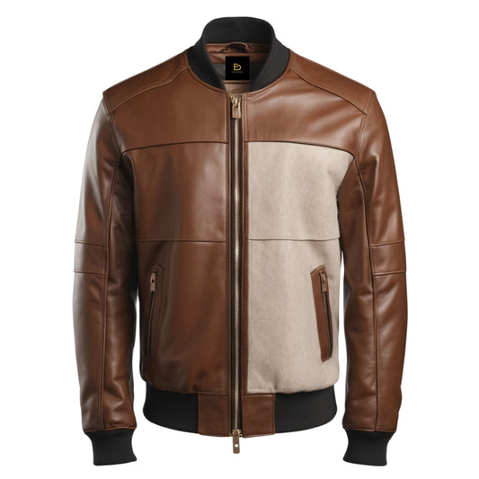 Men's Brown Leather Bomber Jacket Beige Wool Blend Panel – Modern Fit Ribbed Cuffs Waist