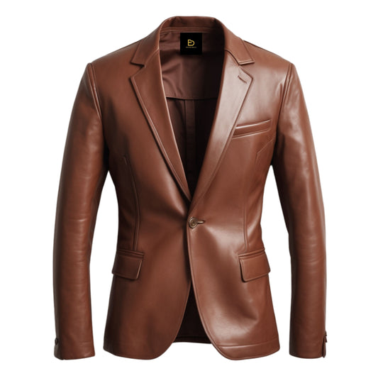 Brown Real Leather Blazer: Single Button, Tailored Fit, Formal Casual Wear